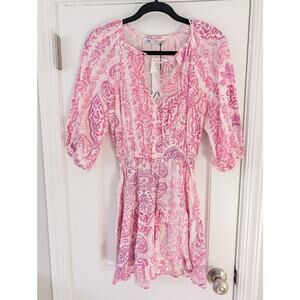 NWT Zara Pink/White Linen Dress with Puffy Sleeves XS